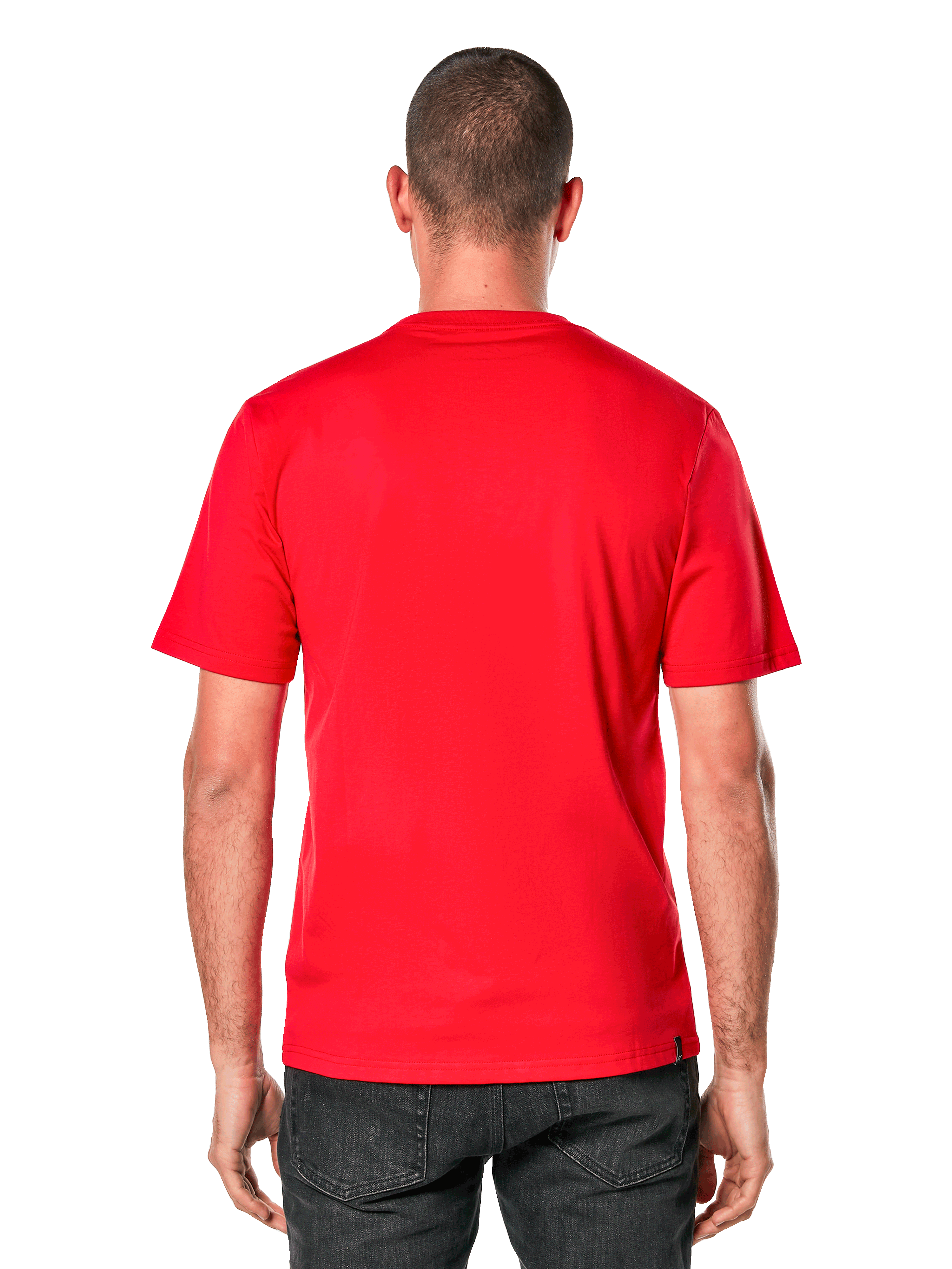 Alpinestars Ride 4.0 CSF Tee, T-shirt met korte mouwen, rood, achteraanzicht op model, helderrode stof met een klein zwart merklabel aan de zoom, casual motorsport streetwear