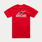 Alpinestars Ride 4.0 CSF Tee, t-shirt met korte mouwen, rood, witte RIDE-graphic met zwart en wit Alpinestars-sterlogo, casual motorsportkleding