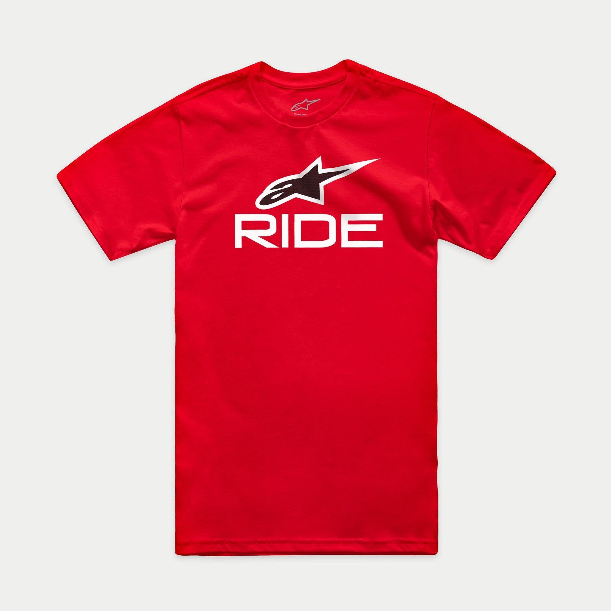 Alpinestars Ride 4.0 CSF Tee, t-shirt met korte mouwen, rood, witte RIDE-graphic met zwart en wit Alpinestars-sterlogo, casual motorsportkleding