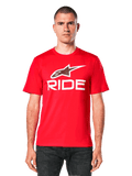 Alpinestars Ride 4.0 CSF Tee, rood T-shirt met korte mouwen, wit Alpinestars sterlogo en "RIDE" graphic op de borst, vooraanzicht op model, casual motorsportkleding