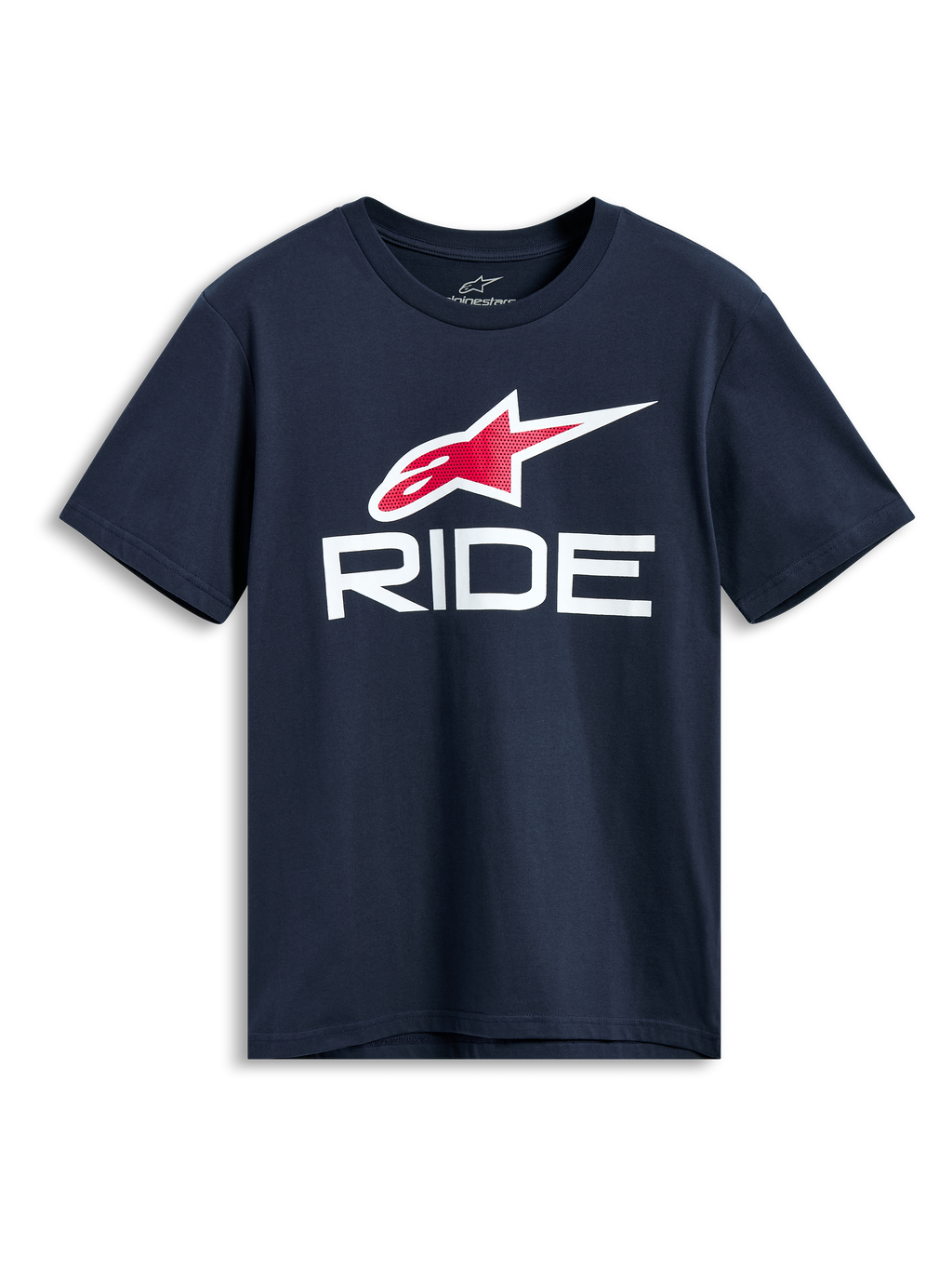 Alpinestars Ride 4.0 CSF Tee, T-shirt met korte mouwen, marineblauw, rood en wit Astars-logo met witte RIDE-graphic, casual motorsport streetwear
