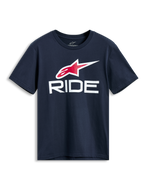 Alpinestars Ride 4.0 CSF Tee, T-shirt met korte mouwen, marineblauw, rood en wit Astars-logo met witte RIDE-graphic, casual motorsport streetwear