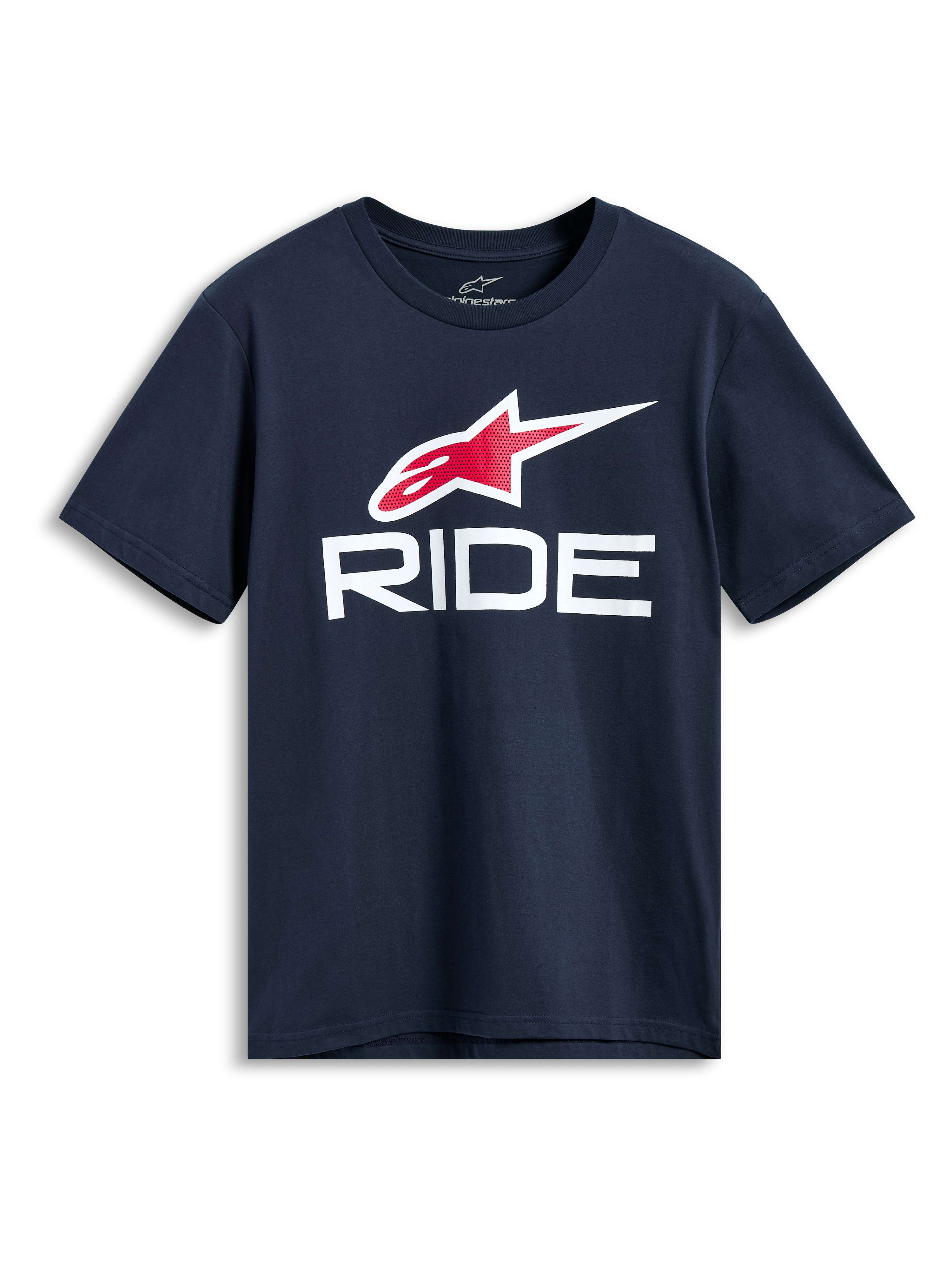 Alpinestars Ride 4.0 CSF Tee, T-shirt met korte mouwen, marineblauw, rood en wit Astars-logo met witte RIDE-graphic, casual motorsport streetwear