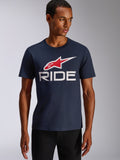 Alpinestars Ride 4.0 CSF Tee, T-shirt met korte mouwen, donkerblauw, rood en wit Ride 4.0-logo op de borst, casual motorsport streetwear