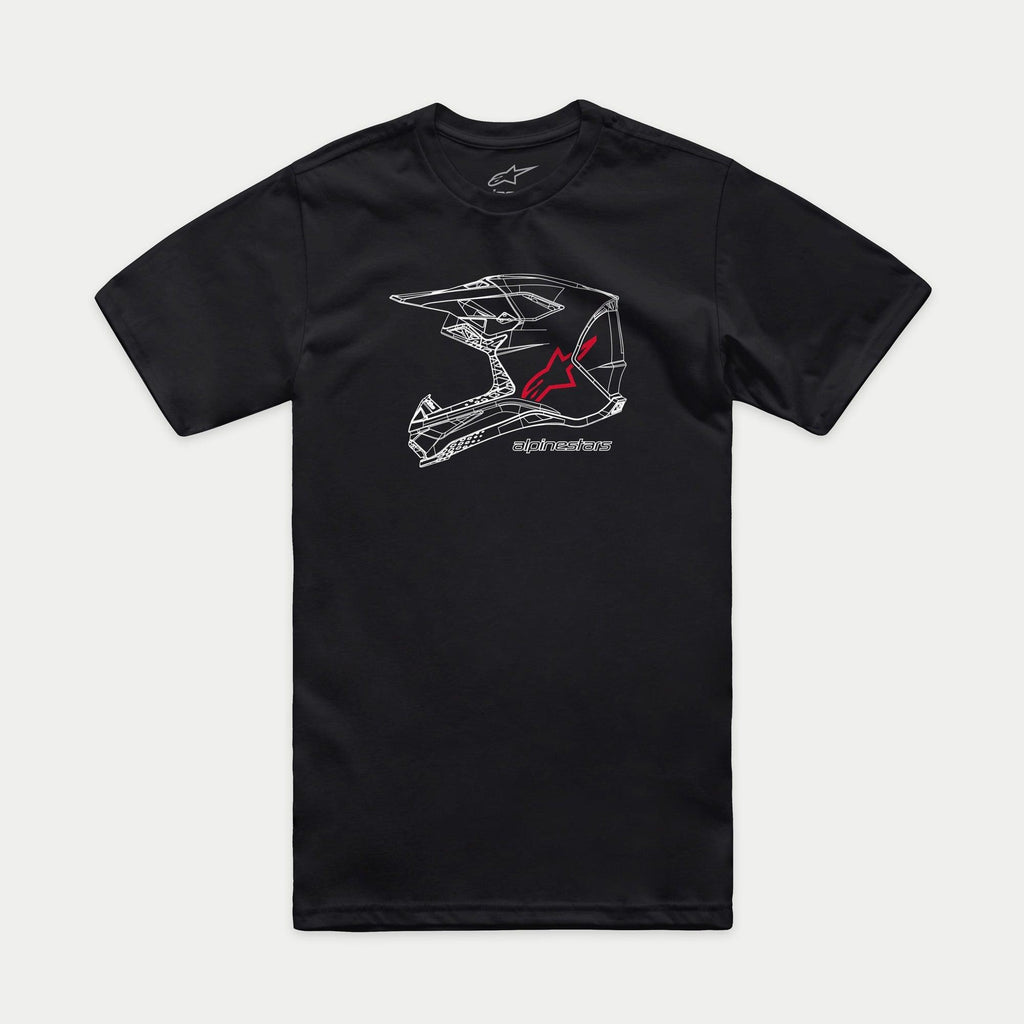 Alpinestars MX Helmet CSF Tee, T-shirt met korte mouwen, zwart, witte wireframe MX-helm graphic met rood Alpinestars-logo en tekst, casual motorsport streetwear