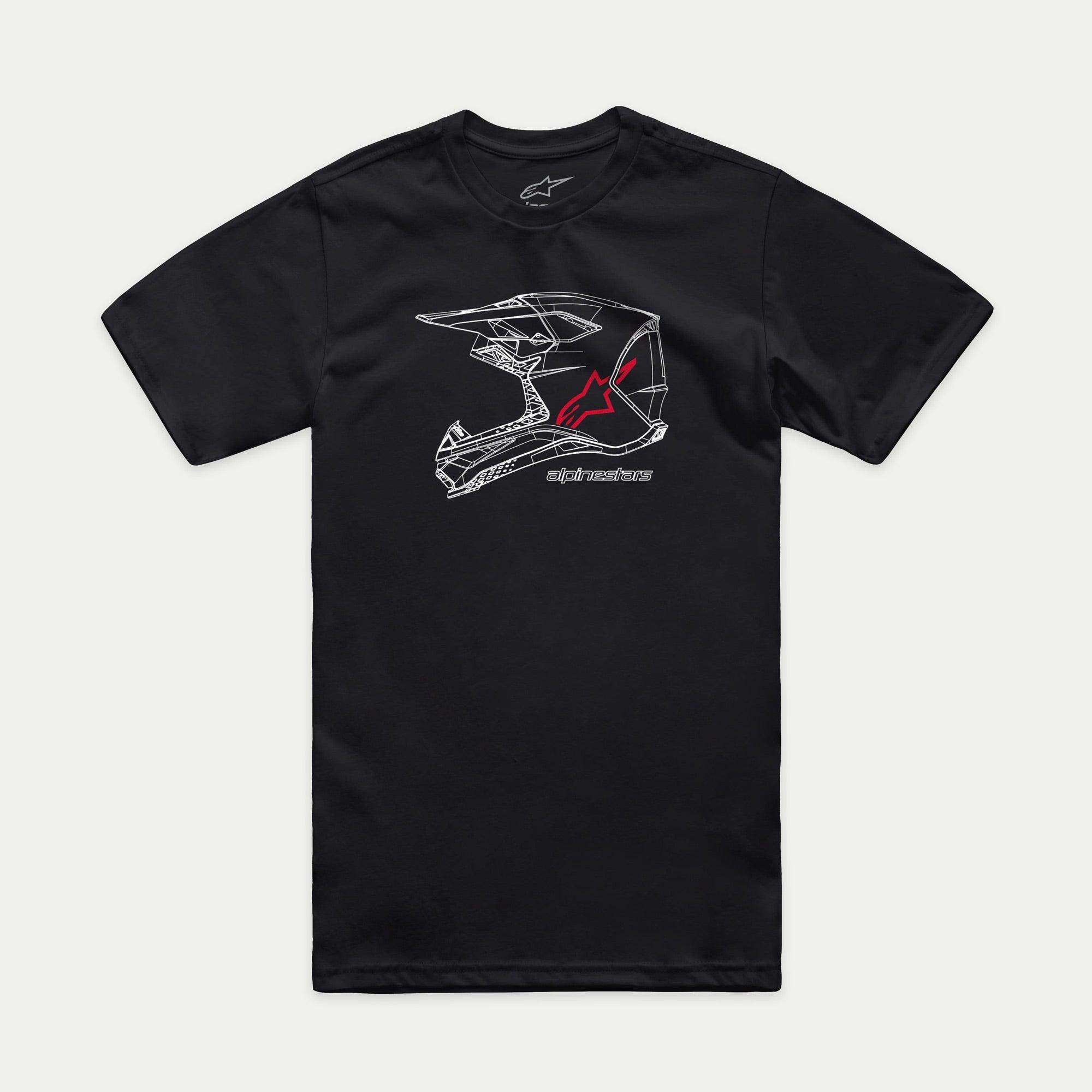 Alpinestars MX Helmet CSF Tee, T-shirt met korte mouwen, zwart, witte wireframe MX-helm graphic met rood Alpinestars-logo en tekst, casual motorsport streetwear