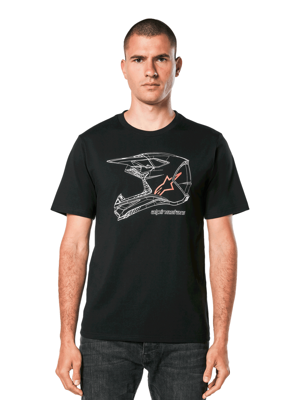 Alpinestars MX Helmet CSF T-shirt, T-shirt met korte mouwen, zwart, witte geometrische motorcrosshelm graphic met oranje ster-logo, casual motorsport streetwear
