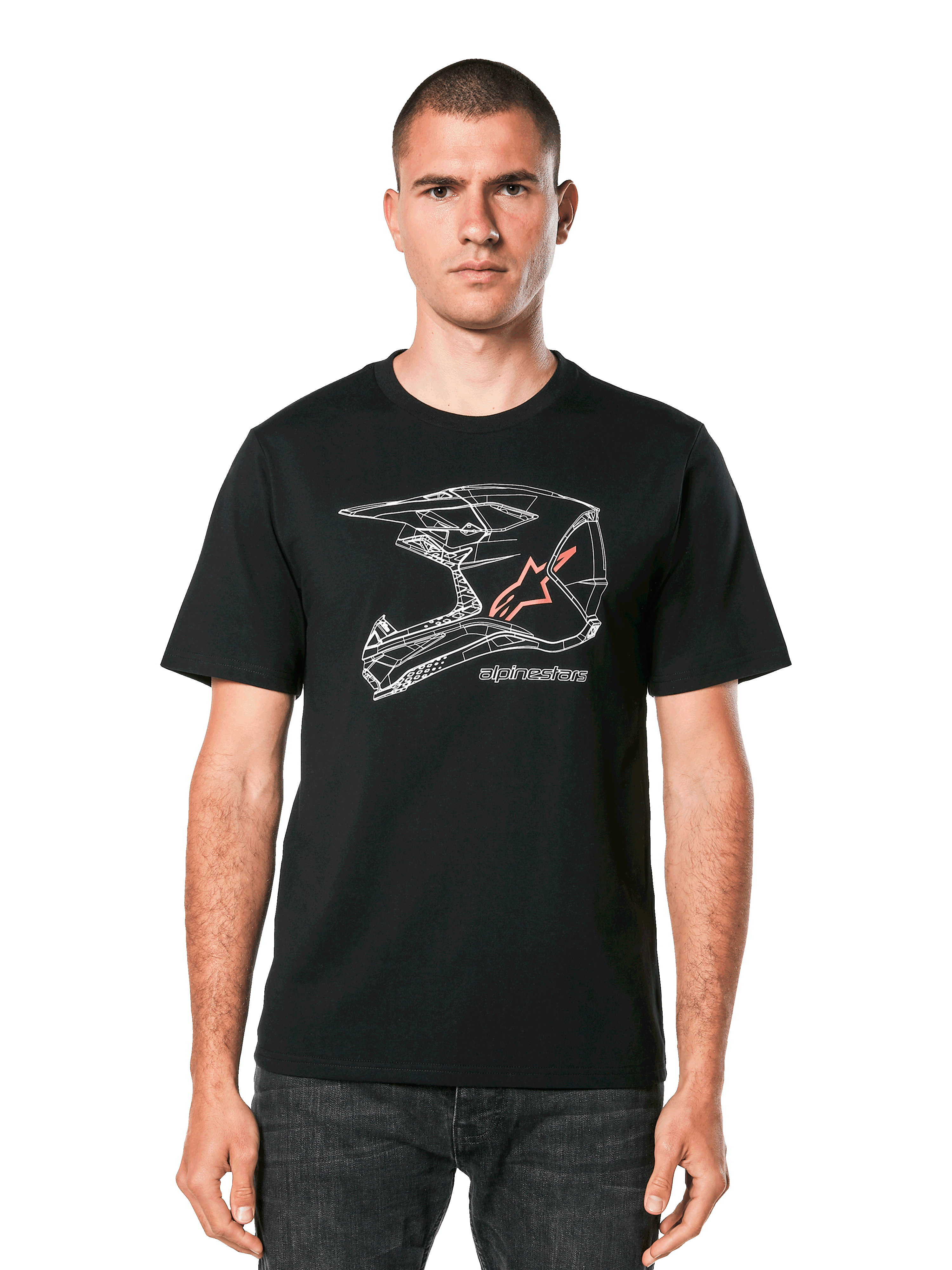 Alpinestars MX Helmet CSF T-shirt, T-shirt met korte mouwen, zwart, witte geometrische motorcrosshelm graphic met oranje ster-logo, casual motorsport streetwear