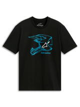 Alpinestars CSF Tee, T-shirt met korte mouwen, zwart en blauw, blauwe MX-helmgrafiek in lijntekening met wit logo, casual motorsportkleding