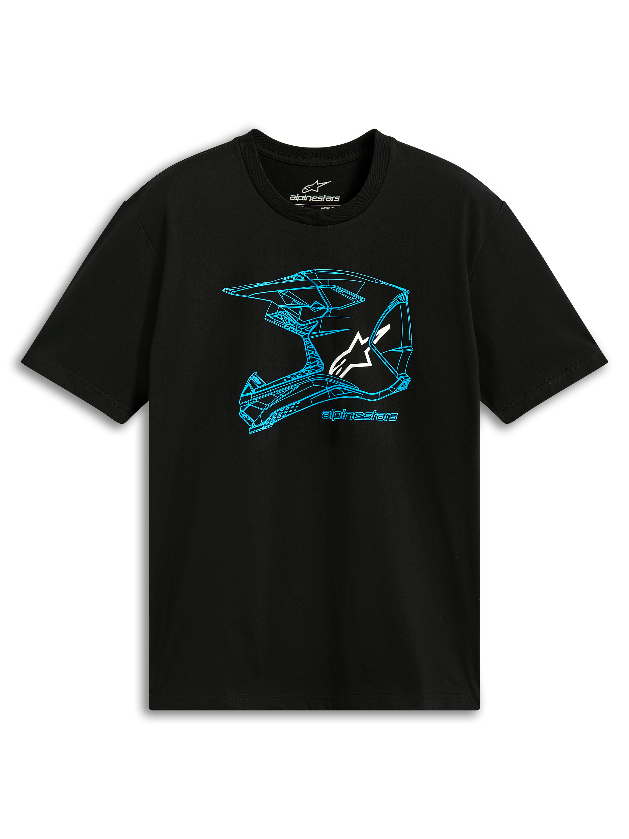 Alpinestars CSF Tee, T-shirt met korte mouwen, zwart en blauw, blauwe MX-helmgrafiek in lijntekening met wit logo, casual motorsportkleding