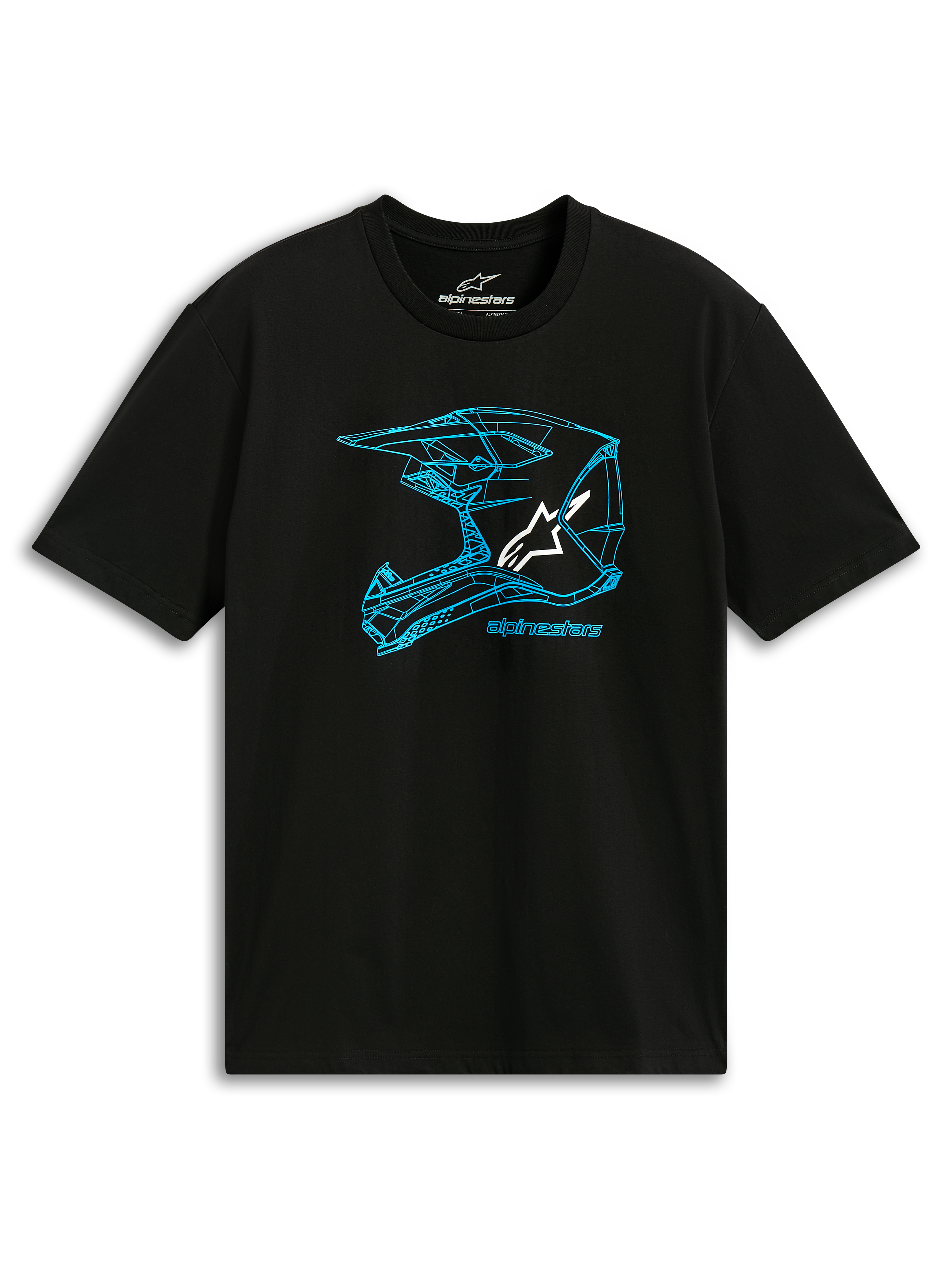 Alpinestars CSF Tee, T-shirt met korte mouwen, zwart en blauw, blauwe MX-helmgrafiek in lijntekening met wit logo, casual motorsportkleding