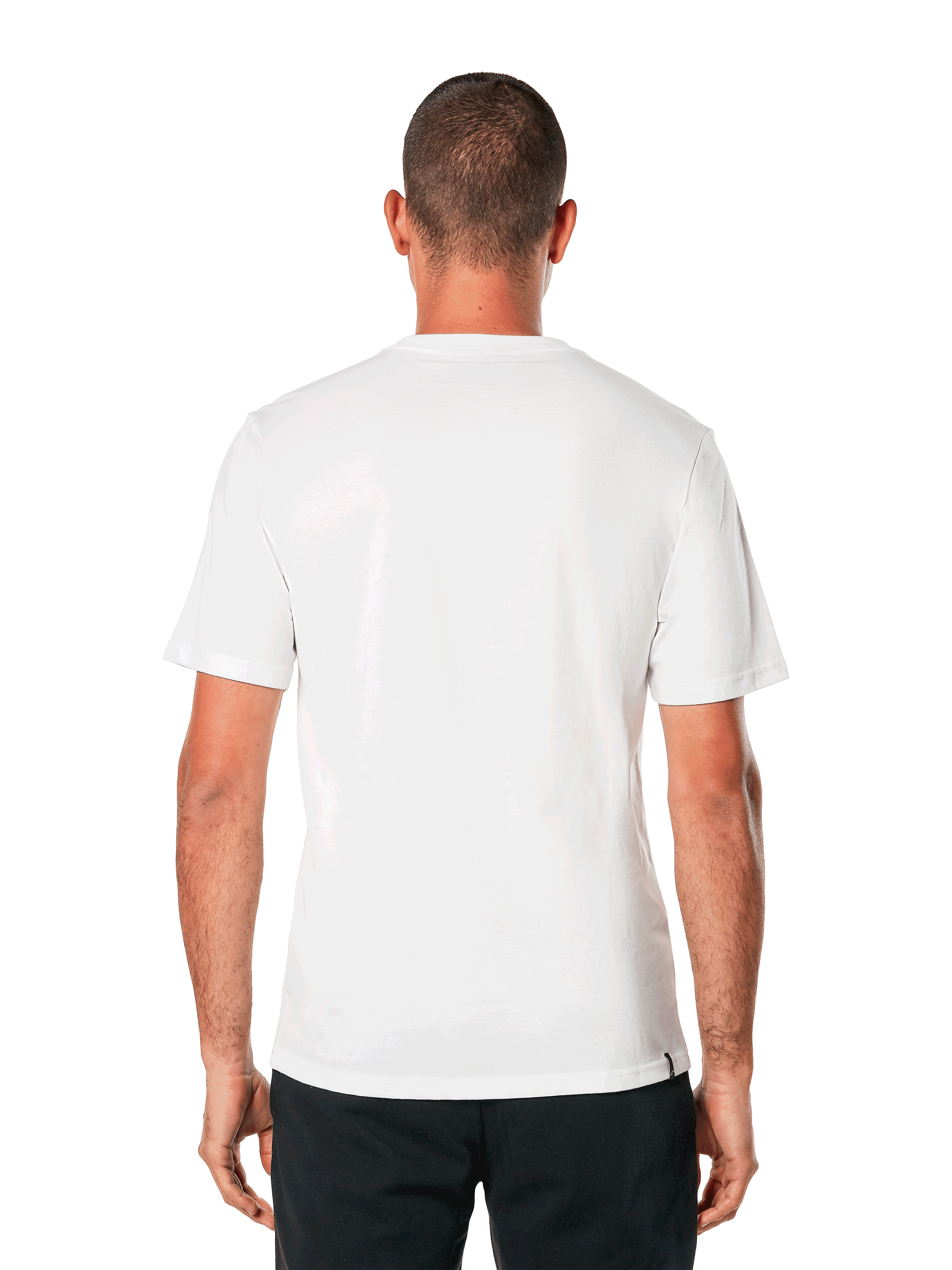 Alpinestars MX Helmet CSF Tee, T-shirt met korte mouwen, wit, achteraanzicht, gedragen met zwarte broek, casual motorsport-geïnspireerd ontwerp