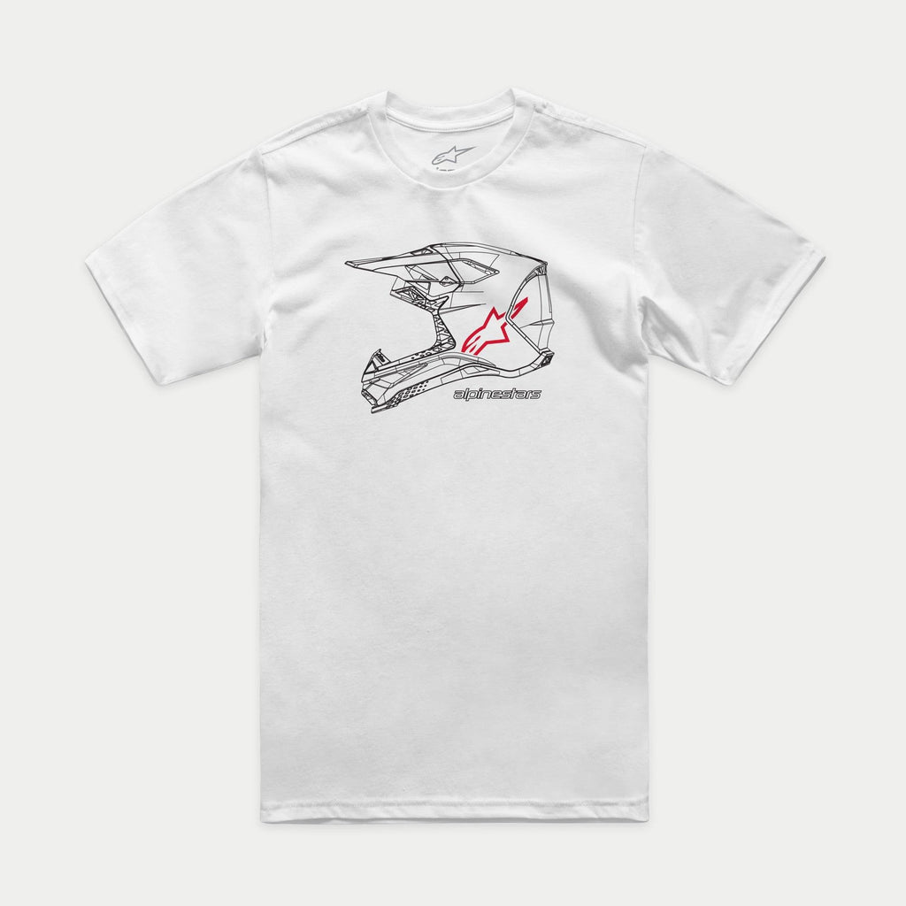 Alpinestars MX Helmet CSF Tee, T-shirt met korte mouwen, wit, grafische afbeelding van een zwarte motorcrosshelm op de voorkant met rood sterlogo en Alpinestars-woordmerk, casual motorsport-geïnspireerde sportkleding