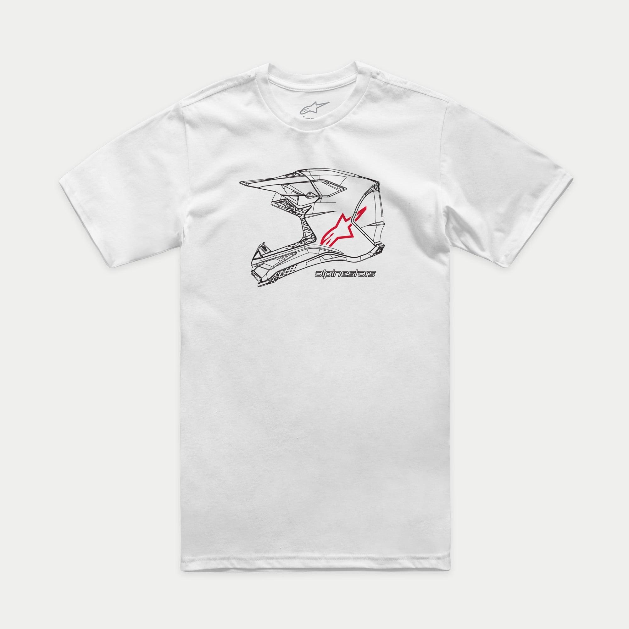 Alpinestars MX Helmet CSF Tee, T-shirt met korte mouwen, wit, grafische afbeelding van een zwarte motorcrosshelm op de voorkant met rood sterlogo en Alpinestars-woordmerk, casual motorsport-geïnspireerde sportkleding