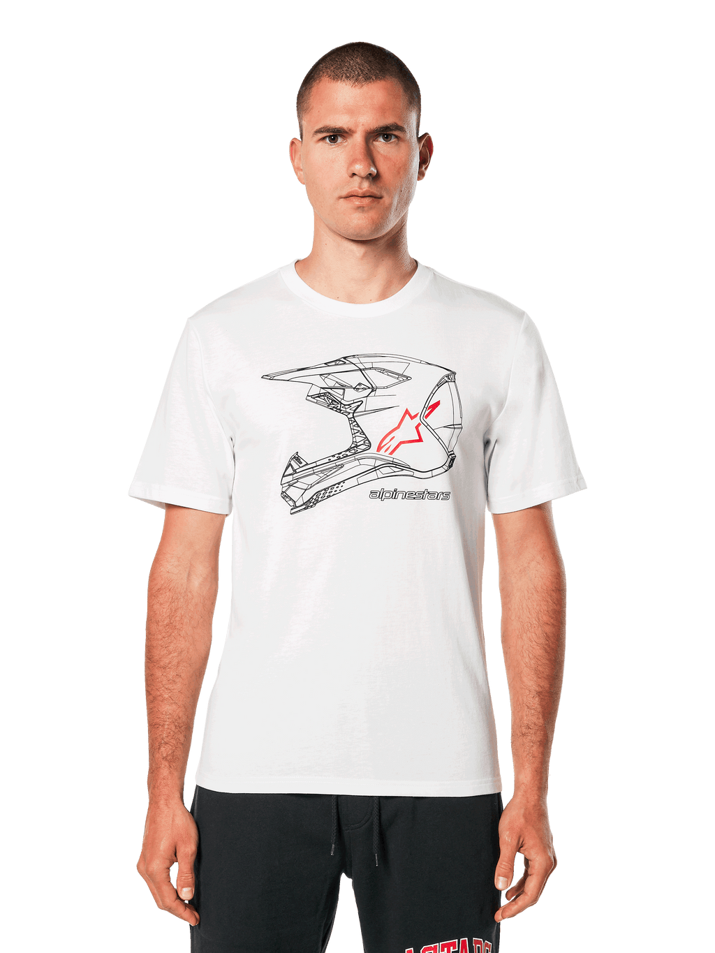 Alpinestars MX Helmet CSF Tee, wit T-shirt met korte mouwen, zwarte wireframe motorcrosshelm-graphic met rood sterlogo, casual motorsport-geïnspireerde streetwear, gedragen door een model