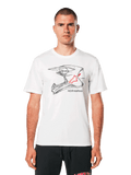 Alpinestars MX Helmet CSF Tee, wit T-shirt met korte mouwen, zwarte wireframe motorcrosshelm-graphic met rood sterlogo, casual motorsport-geïnspireerde streetwear, gedragen door een model
