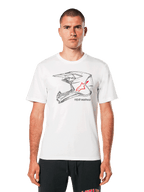 Alpinestars MX Helmet CSF Tee, wit T-shirt met korte mouwen, zwarte wireframe motorcrosshelm-graphic met rood sterlogo, casual motorsport-geïnspireerde streetwear, gedragen door een model
