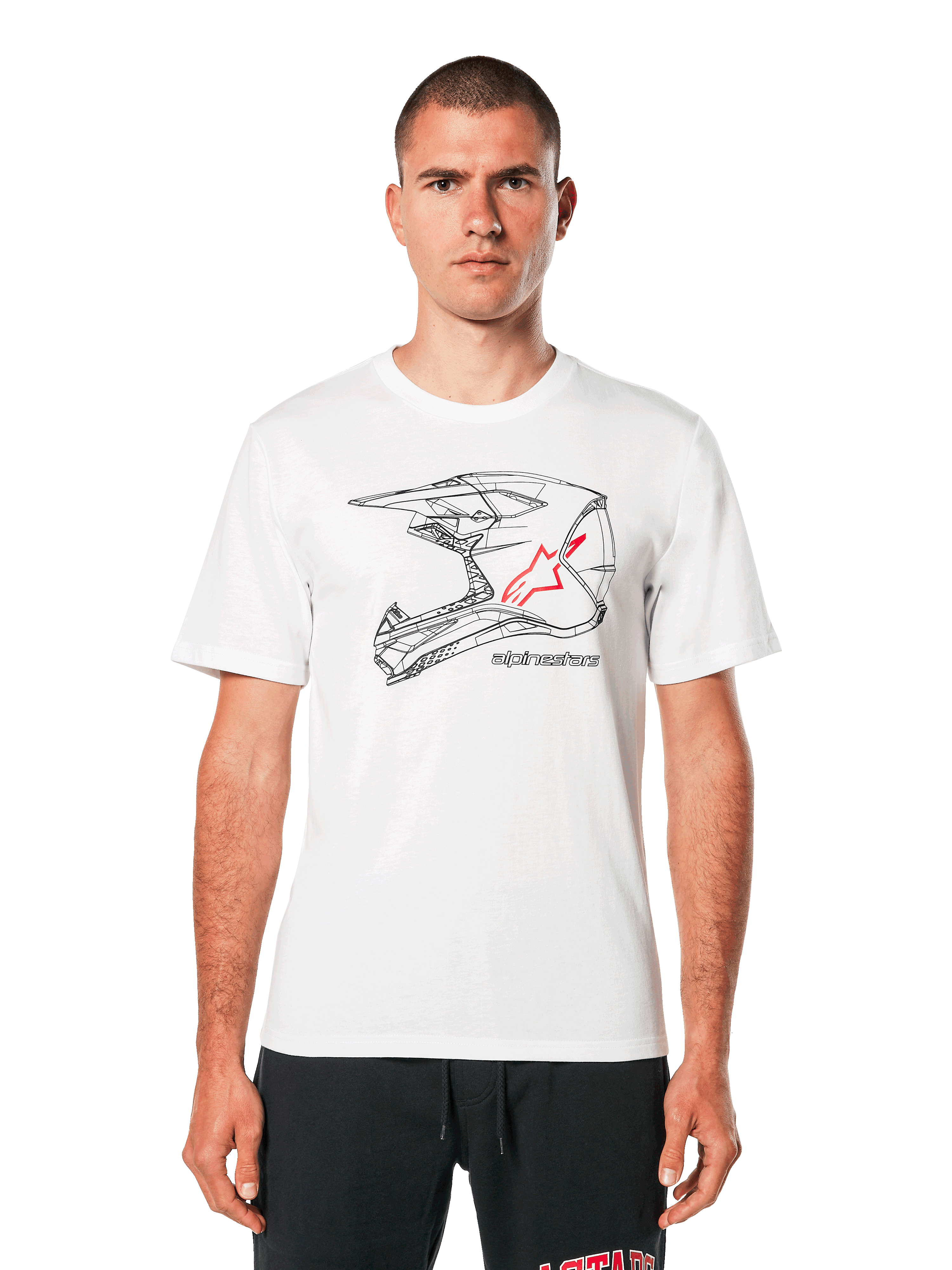 Alpinestars MX Helmet CSF Tee, wit T-shirt met korte mouwen, zwarte wireframe motorcrosshelm-graphic met rood sterlogo, casual motorsport-geïnspireerde streetwear, gedragen door een model