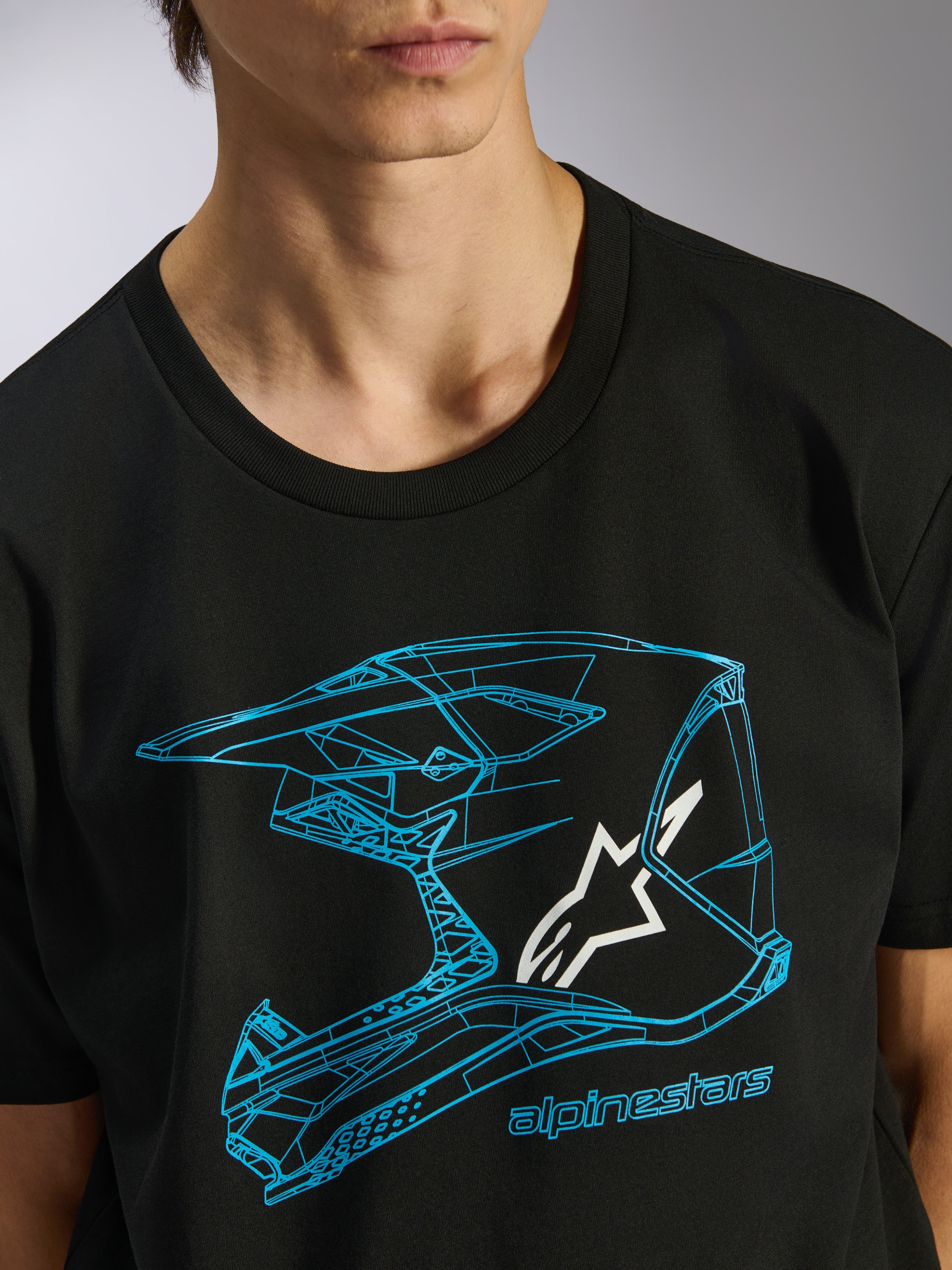Alpinestars CSF Tee, T-shirt met korte mouwen, zwart, blauwe motorcrosshelm graphic met wit sterlogo, casual motorsport streetwear
