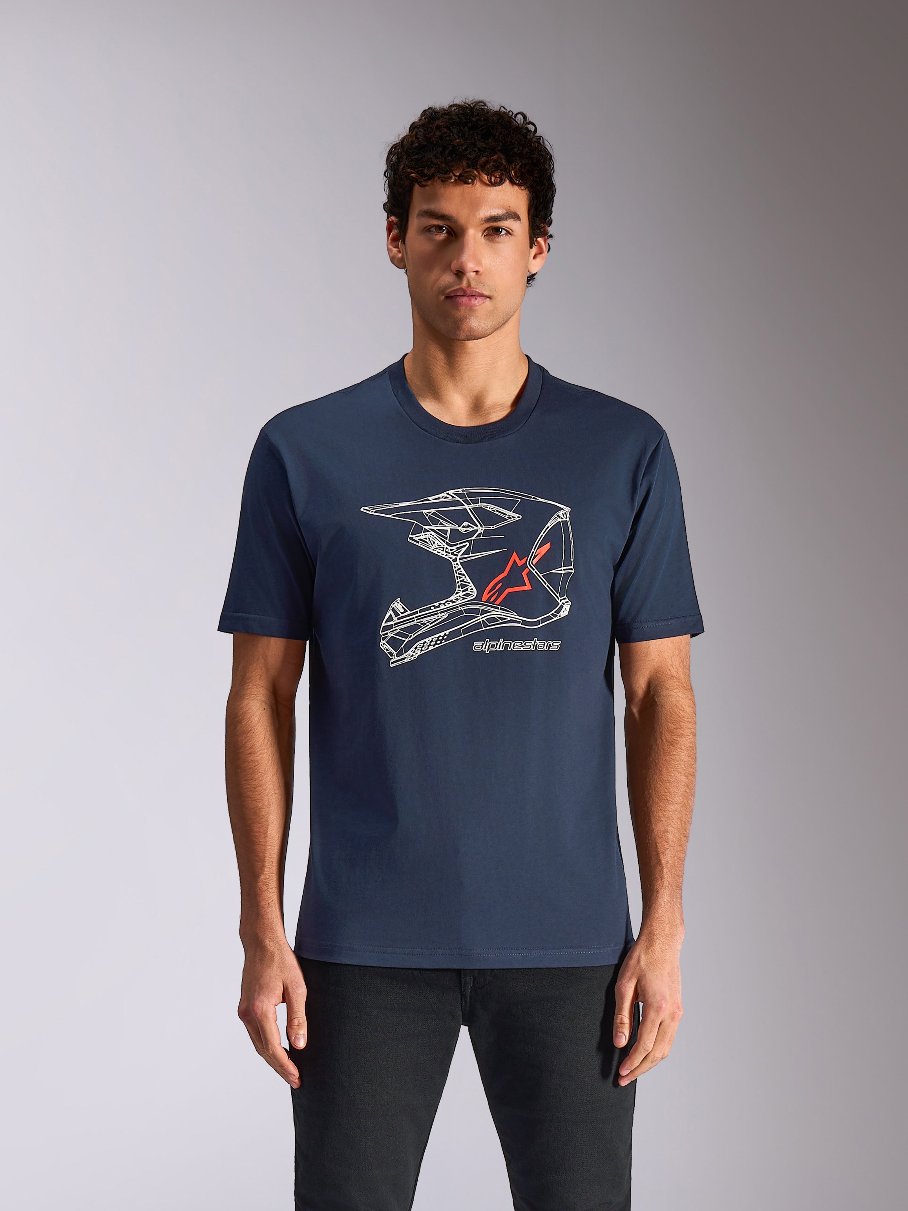Alpinestars MX Helmet CSF Tee, Short Sleeve T-Shirt, Navy Blue, featuring a white wireframe motocross helmet graphic with a red star logo, casual motorsport-inspired streetwear