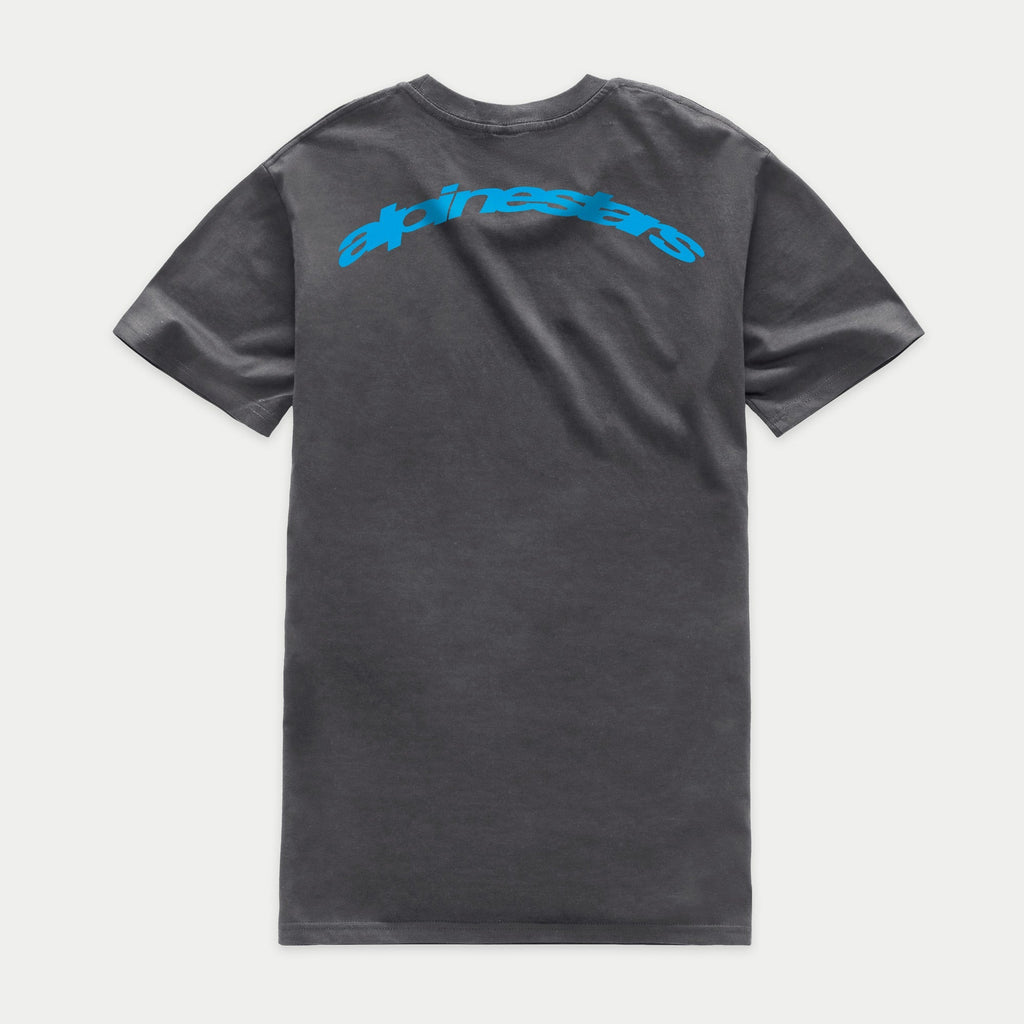 Alpinestars Horizon CSF Tee, T-shirt met korte mouwen, antracietgrijs, achteraanzicht met blauw boogvormig Alpinestars-woordmerk over de schouders, casual sportkleding