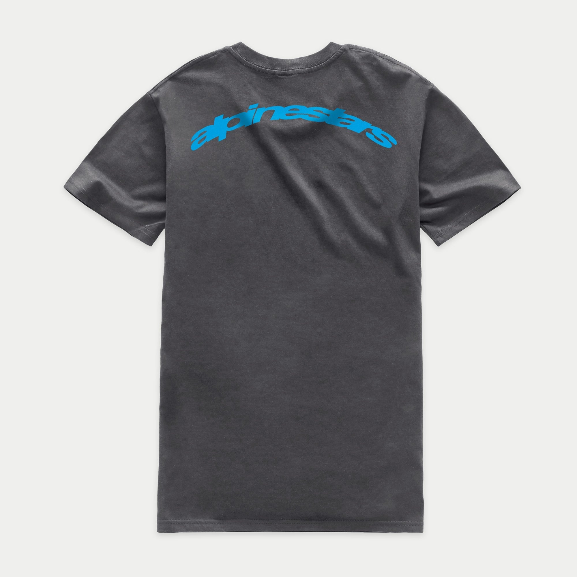 Alpinestars Horizon CSF Tee, T-shirt met korte mouwen, antracietgrijs, achteraanzicht met blauw boogvormig Alpinestars-woordmerk over de schouders, casual sportkleding