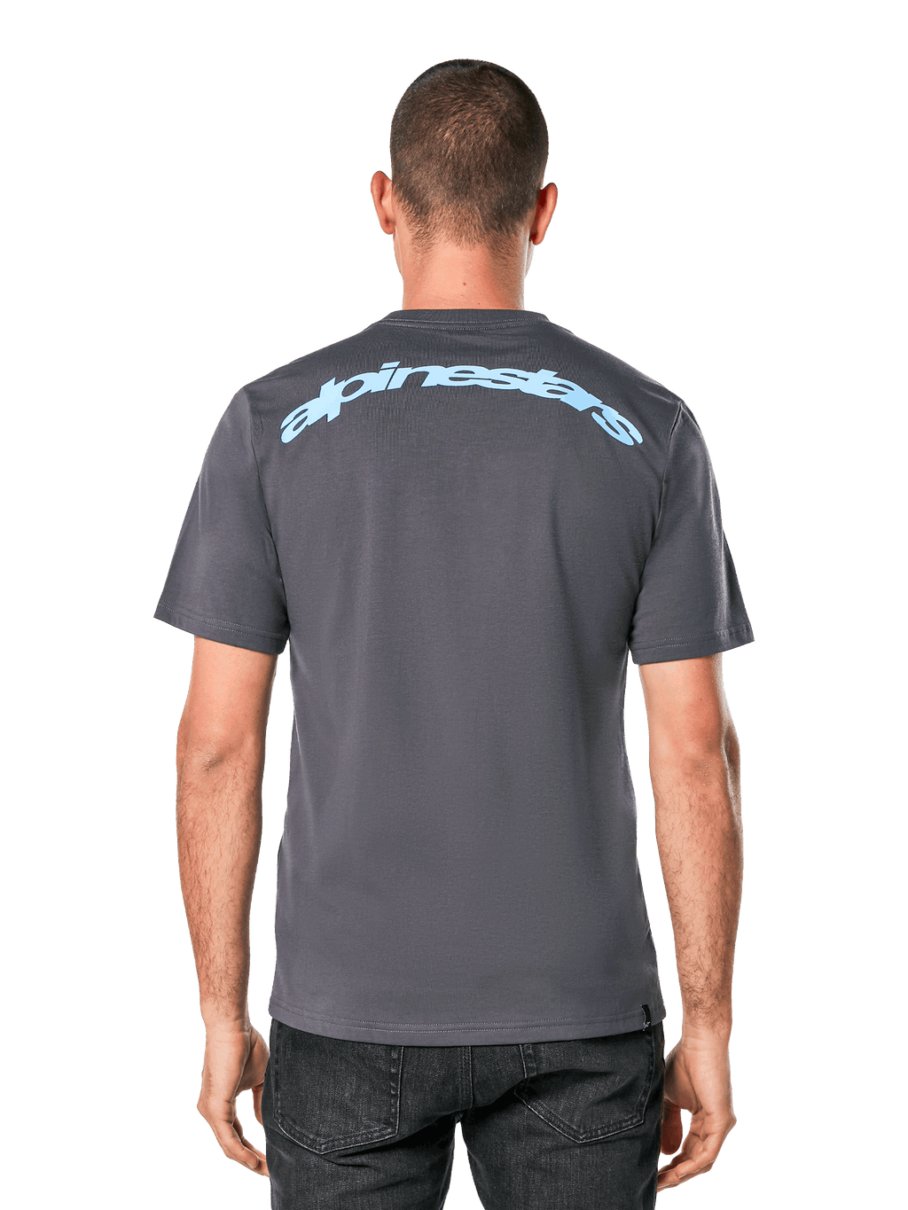 Alpinestars Horizon CSF Tee, T-shirt met korte mouwen, antracietgrijs, achteraanzicht met een lichtblauw Alpinestars booglogo, casual sportkleding