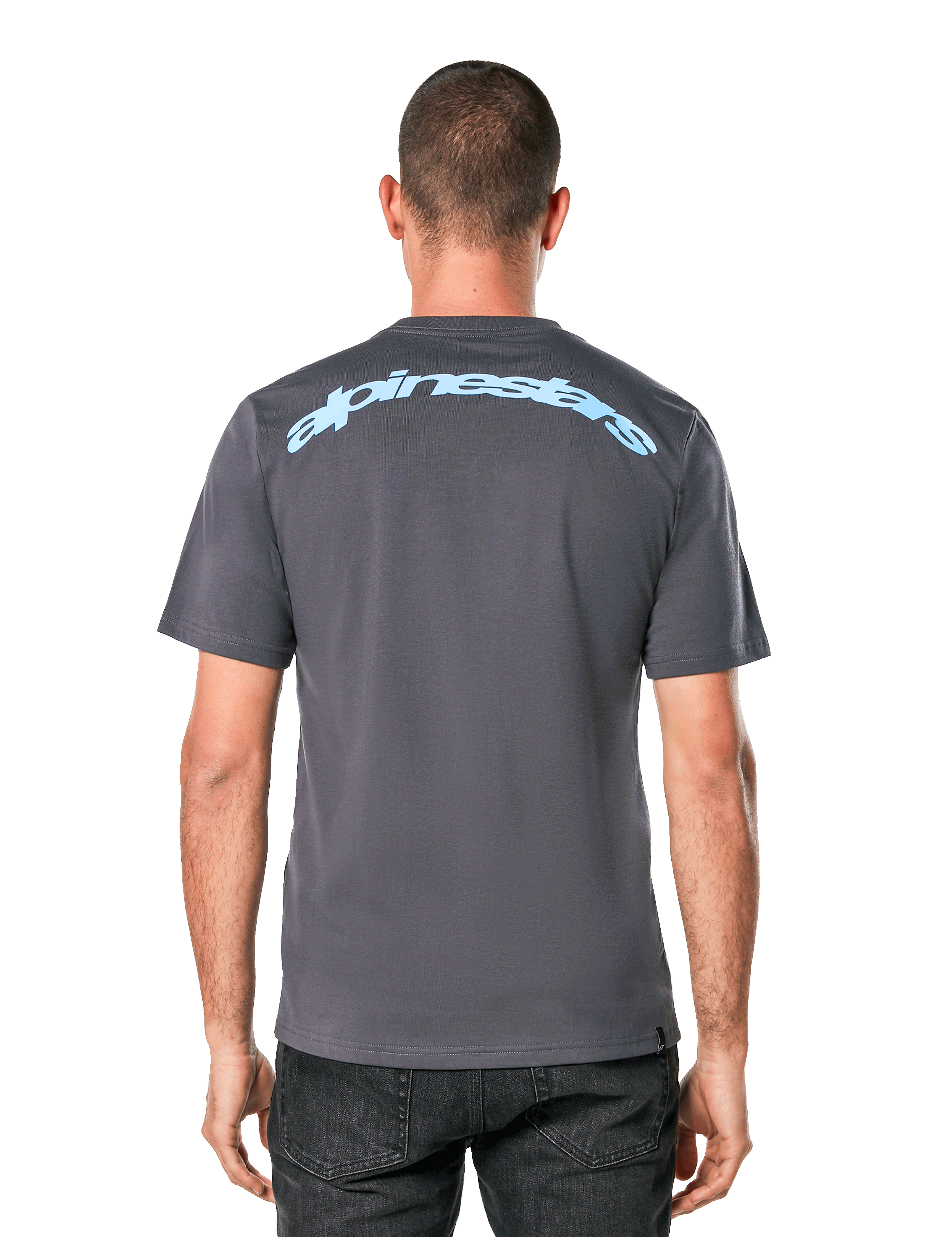 Alpinestars Horizon CSF Tee, T-shirt met korte mouwen, antracietgrijs, achteraanzicht met een lichtblauw Alpinestars booglogo, casual sportkleding