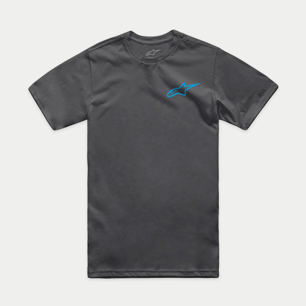Alpinestars Horizon CSF Tee, T-shirt met korte mouwen, antracietgrijs met blauw Alpinestars Ageless-logo, casual motorsport sportkleding