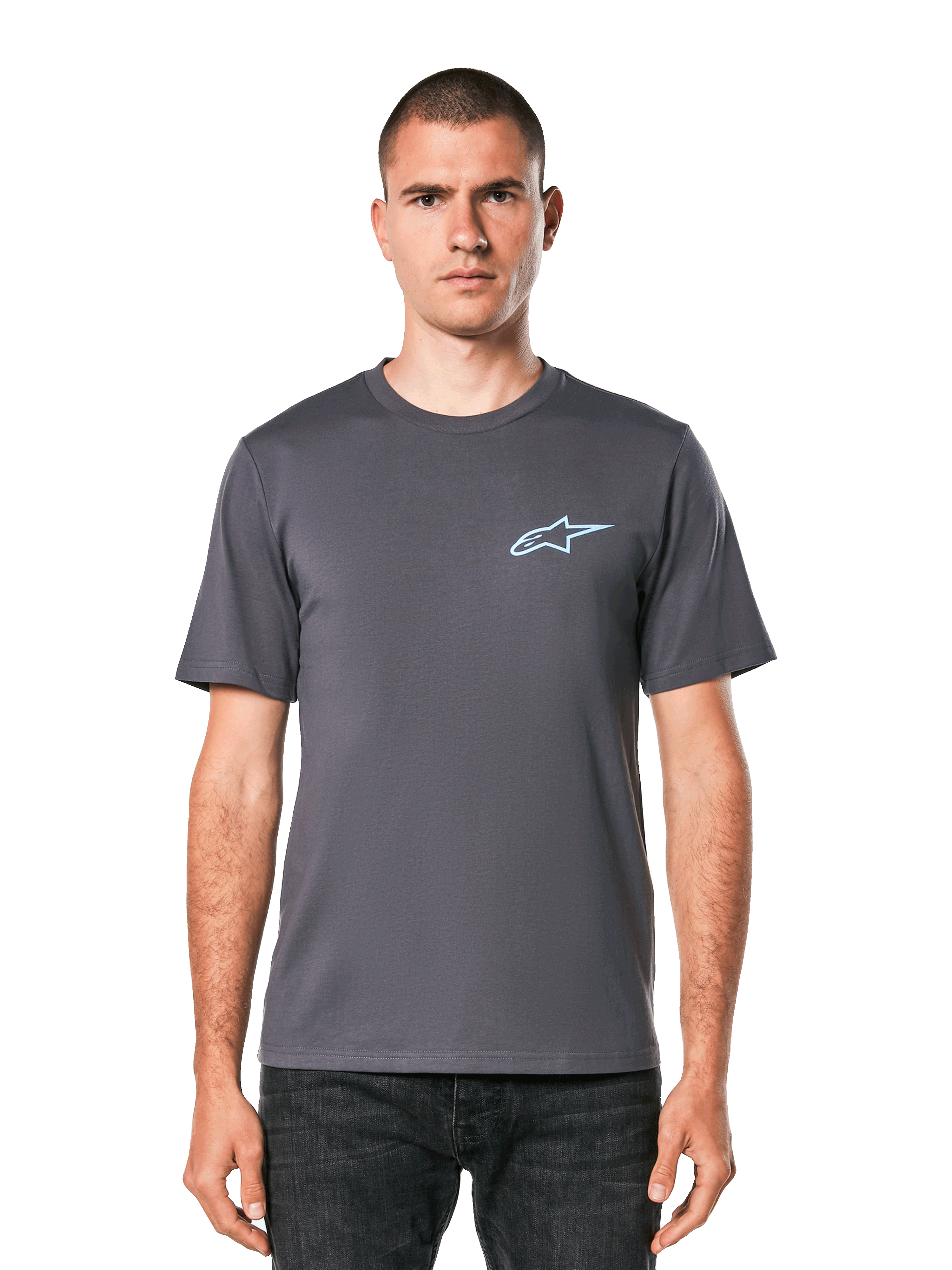 Alpinestars Horizon CSF T-shirt, T-shirt met korte mouwen, donkergrijs, lichtblauw Ageless-logo op de borst, casual motorsport streetwear