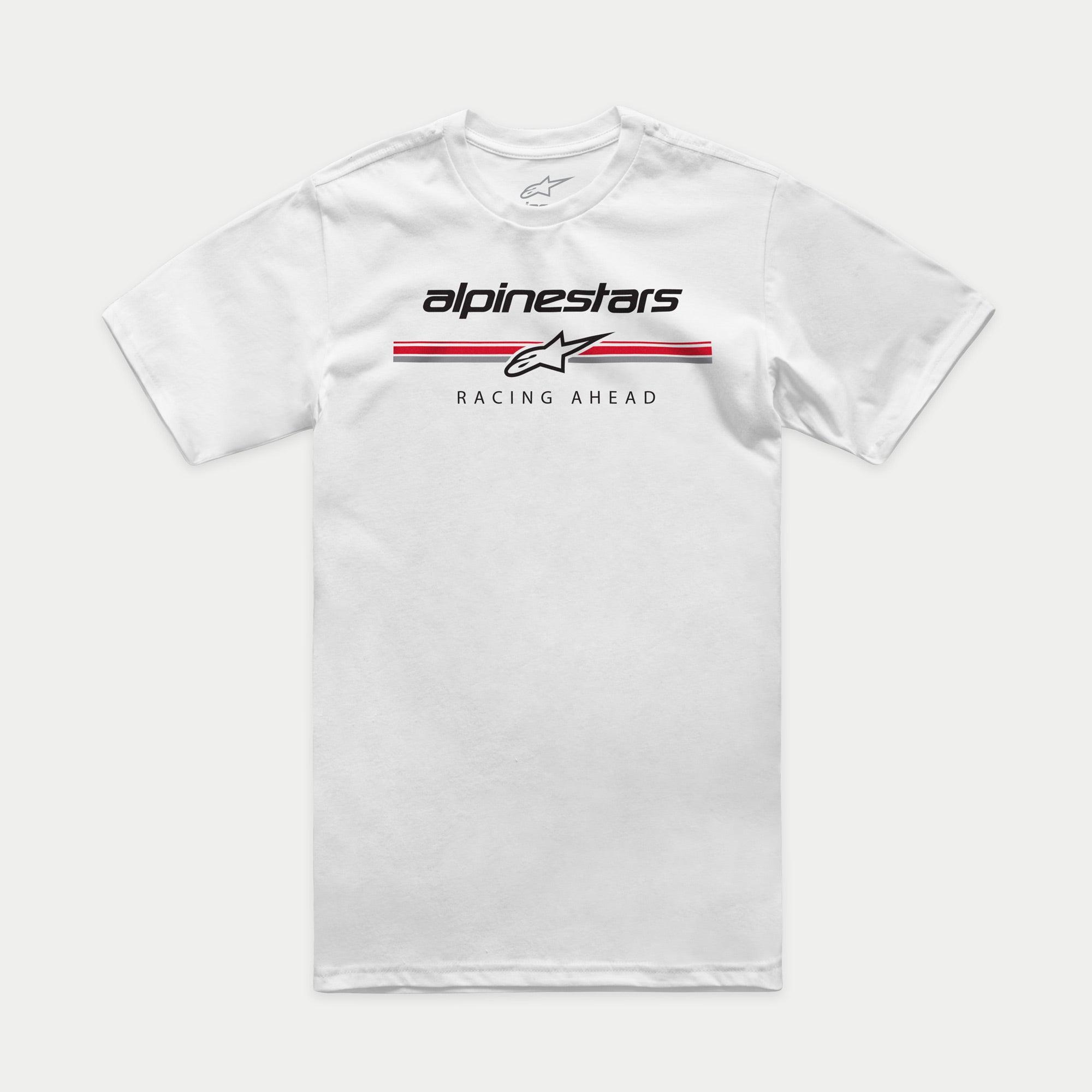 Alpinestars Betteryet CSF Tee, T-shirt met korte mouwen, wit, logo in paddock-stijl op de borst met rode en grijze strepen en de tekst 'Racing Ahead', casual motorsport sportkleding