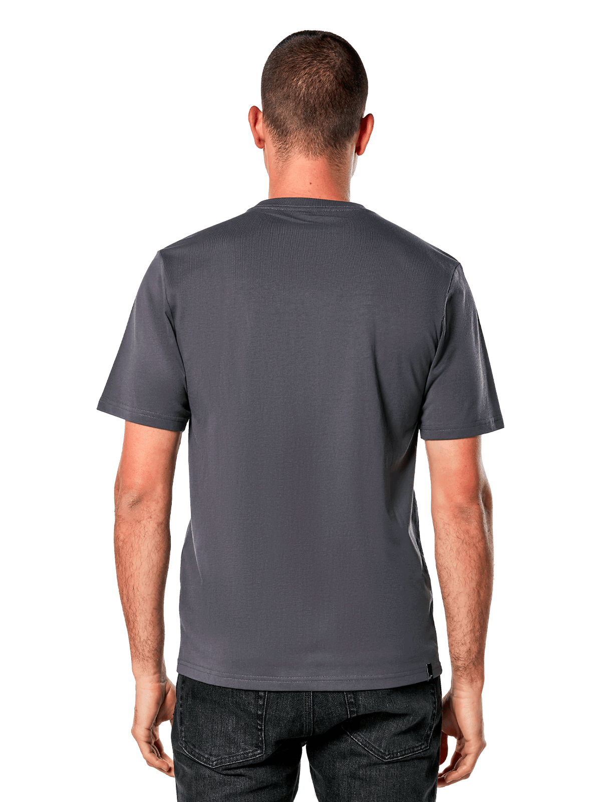 Alpinestars Galun CSF Tee, T-shirt met korte mouwen, antraciet, effen achteraanzicht, gedragen met zwarte jeans, casual motorsport streetwear