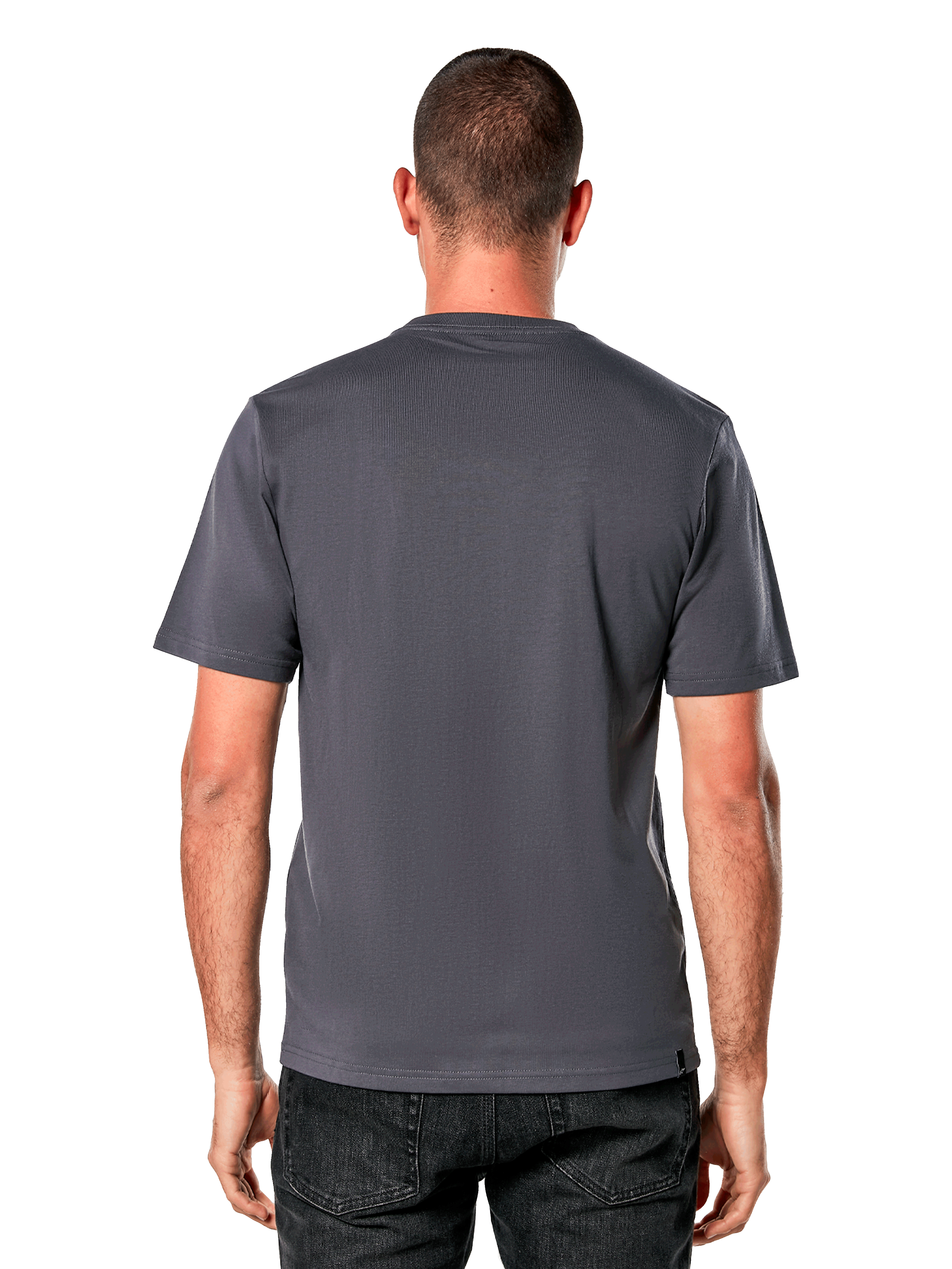 Alpinestars Galun CSF Tee, T-shirt met korte mouwen, antraciet, effen achteraanzicht, gedragen met zwarte jeans, casual motorsport streetwear
