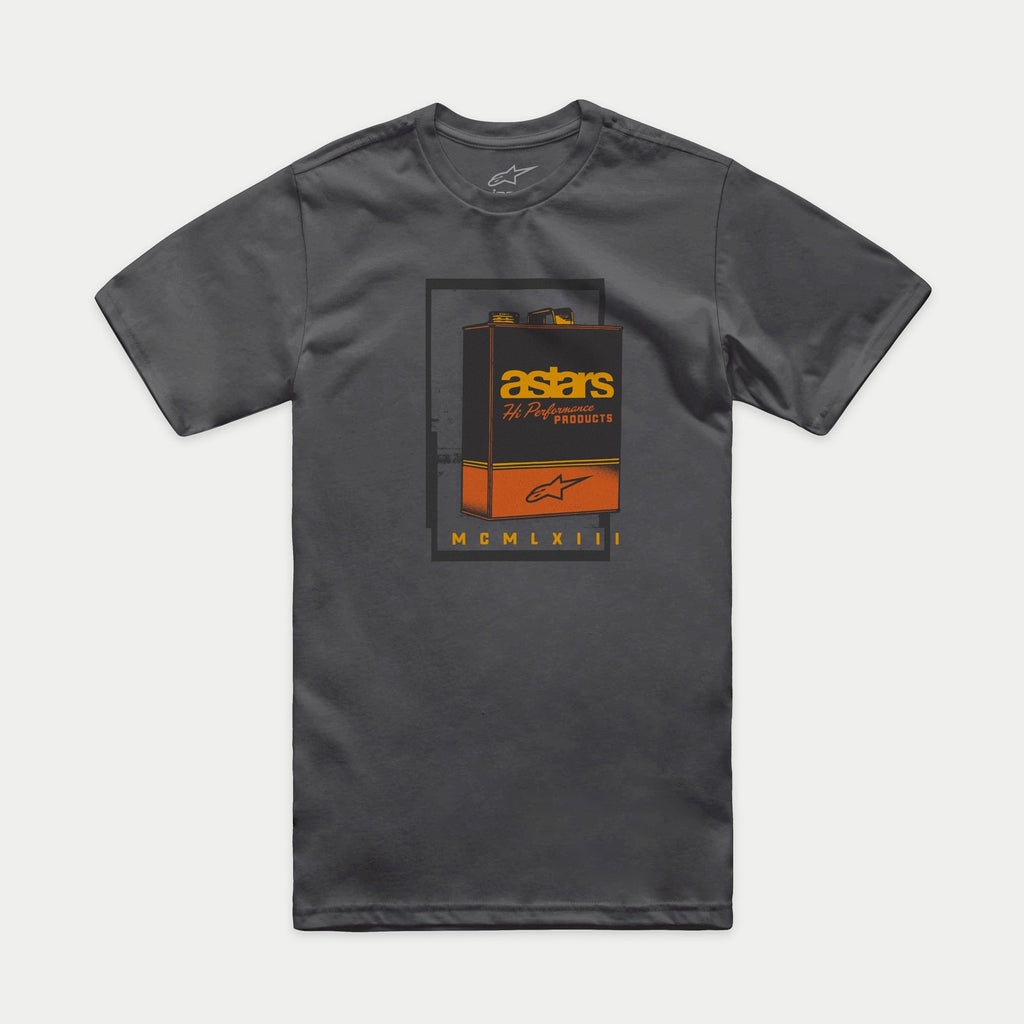Alpinestars Galun CSF Tee, T-shirt met korte mouwen, antraciet, vintage gasblik graphic op de voorzijde met Astars branding en Romeinse cijfers MCMLXIII, casual motorsport streetwear