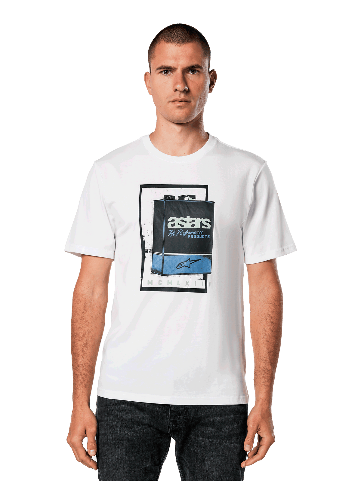 Alpinestars Galun CSF Tee, Short Sleeve White T-Shirt, Blue and Black Vintage Gas Can Graphic with Astars Logo and Roman Numeral MCMLXIII, Casual Motorsport Streetwear