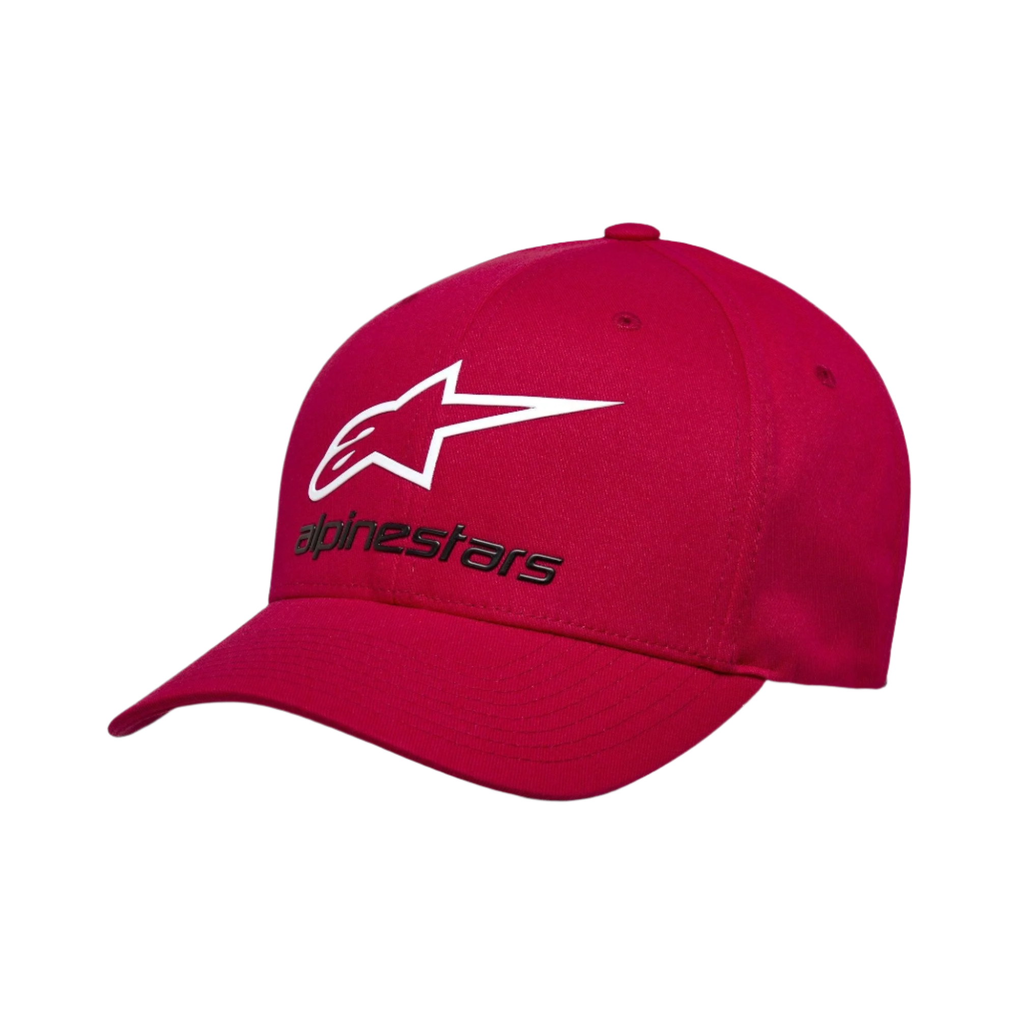 Alpinestars Always 2.0 pet, baseballpet, rood, wit ster-logo en zwarte Alpinestars-tekst, gebogen klep, gestructureerde kroon, casual motorsport-geïnspireerde streetwear