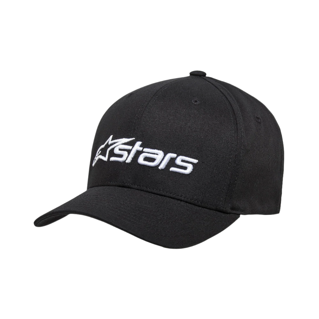 Alpinestars Blaze 2.0 pet, gestructureerde baseballcap, zwart, wit geborduurd logo op de voorzijde, gebogen klep, stretch keperstof, casual motorsport headwear