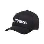 Alpinestars Blaze 2.0 pet, gestructureerde baseballcap, zwart, wit geborduurd logo op de voorzijde, gebogen klep, stretch keperstof, casual motorsport headwear