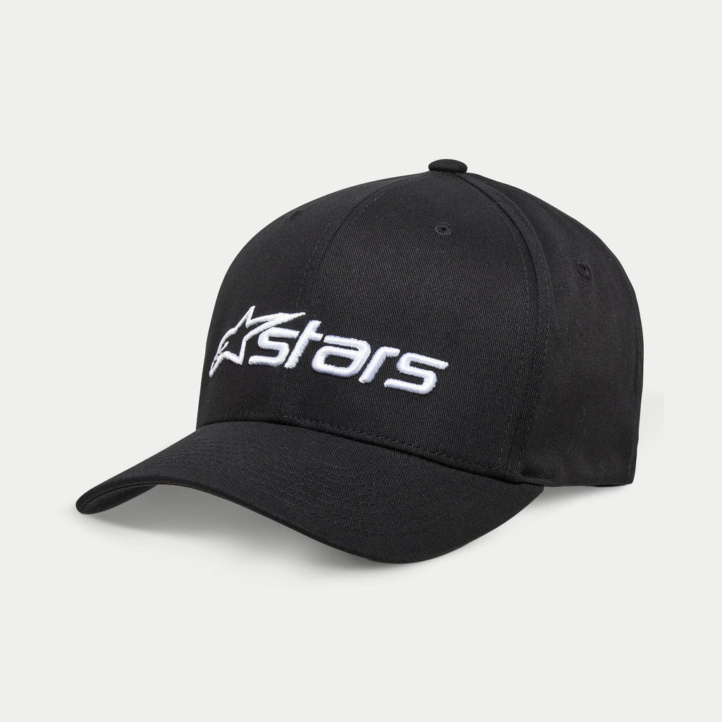 Alpinestars Blaze 2.0 pet, zwarte baseballcap, voorzien van een gebogen klep en gestructureerde kroon, wit getextureerd Astars-logo op de voorkant, casual sportswear hoofdbedekking