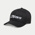 Alpinestars Blaze 2.0 pet, zwarte baseballcap, voorzien van een gebogen klep en gestructureerde kroon, wit getextureerd Astars-logo op de voorkant, casual sportswear hoofdbedekking
