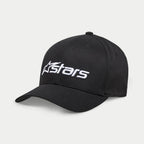 Alpinestars Blaze 2.0 pet, zwarte baseballcap, voorzien van een gebogen klep en gestructureerde kroon, wit getextureerd Astars-logo op de voorkant, casual sportswear hoofdbedekking