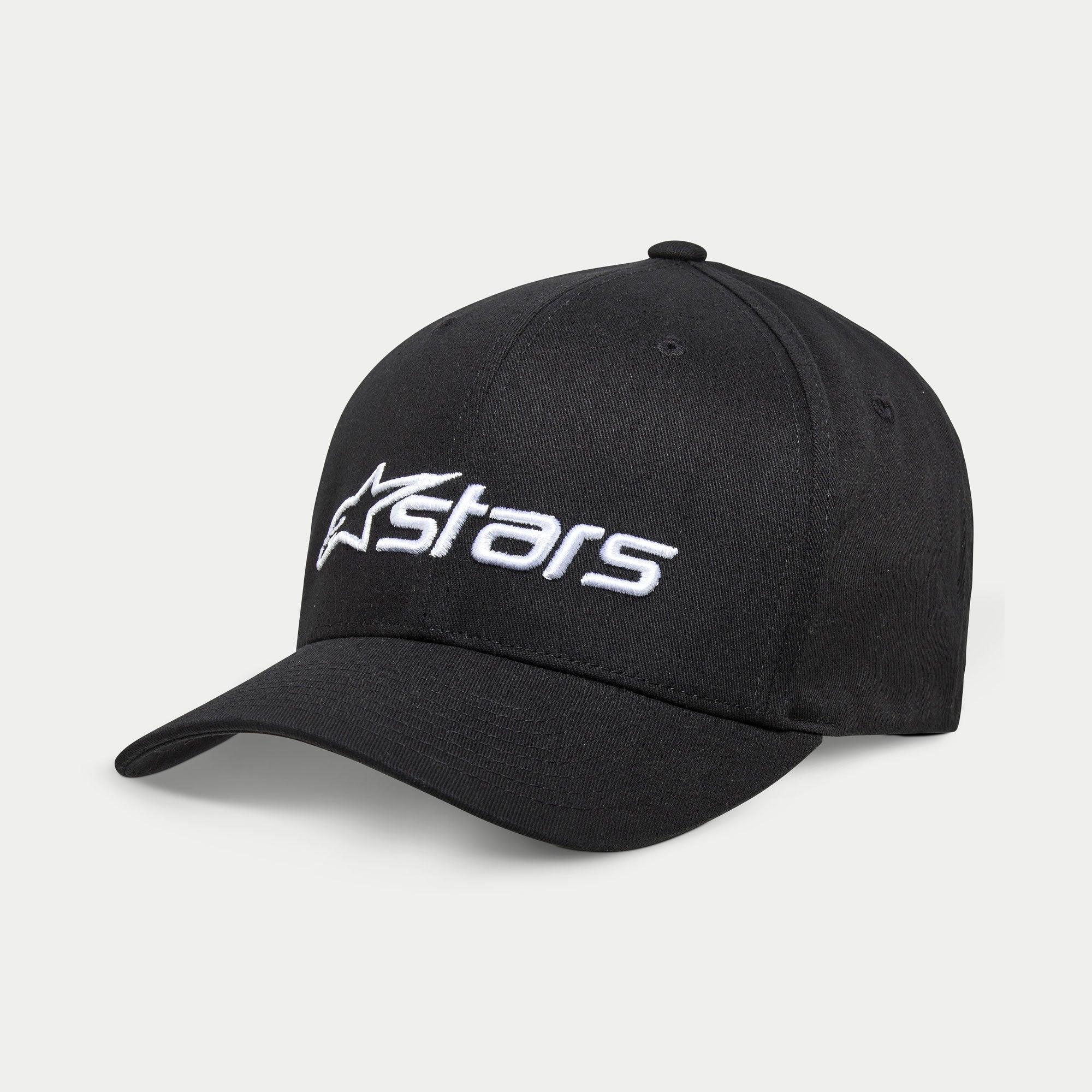 Alpinestars Blaze 2.0 pet, zwarte baseballcap, voorzien van een gebogen klep en gestructureerde kroon, wit getextureerd Astars-logo op de voorkant, casual sportswear hoofdbedekking