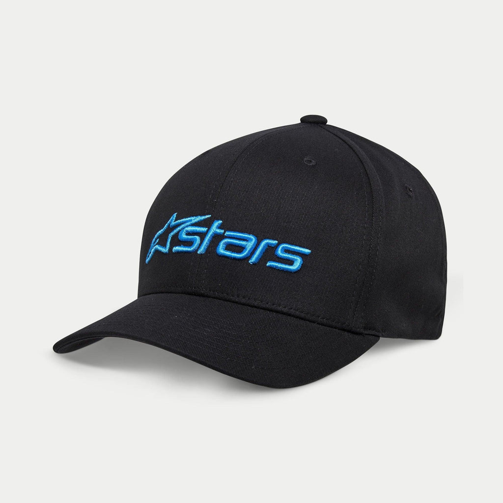 Alpinestars Blaze 2.0 pet, zwarte baseballcap met lichtblauw Astars-logo, gebogen klep en gestructureerde kroon, casual sportaccessoire