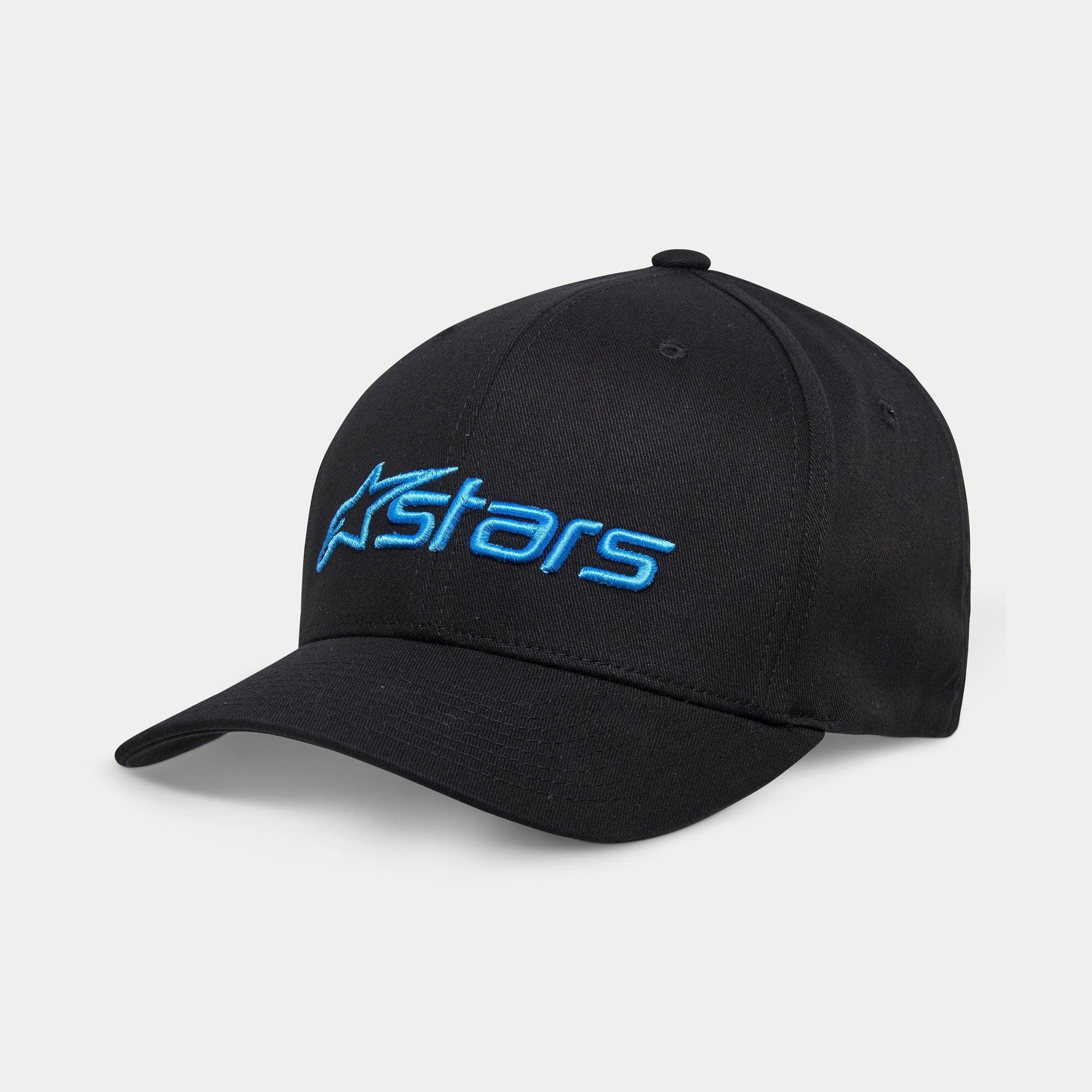 Alpinestars Blaze 2.0 pet, zwarte baseballcap met lichtblauw Astars-logo, gebogen klep en gestructureerde kroon, casual sportaccessoire