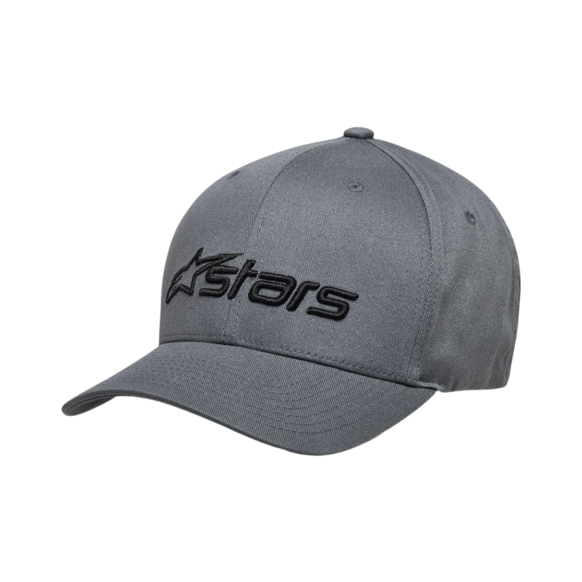 Alpinestars Blaze 2.0 pet, antraciet zwarte baseballcap met gebogen klep, zwart Alpinestars-logo met textuur op de voorkant, casual motorsport-geïnspireerd ontwerp