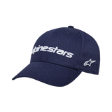 Alpinestars Linear Wordmark 2.0 pet, donkerblauwe baseballcap met wit 3D geborduurd logo, gebogen klep, gestructureerde kroon, wit sterlogo aan de zijkant, katoen twill
