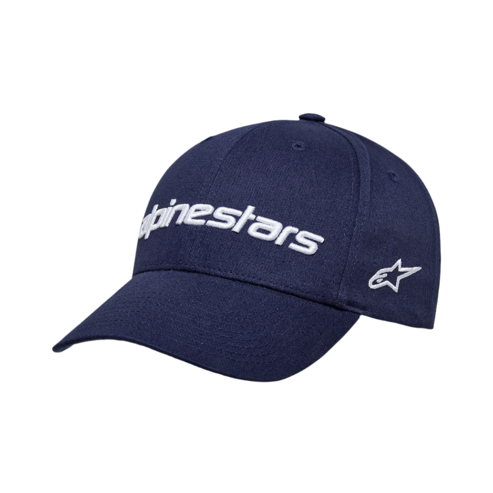 Alpinestars Linear Wordmark 2.0 pet, donkerblauwe baseballcap met wit 3D geborduurd logo, gebogen klep, gestructureerde kroon, wit sterlogo aan de zijkant, katoen twill