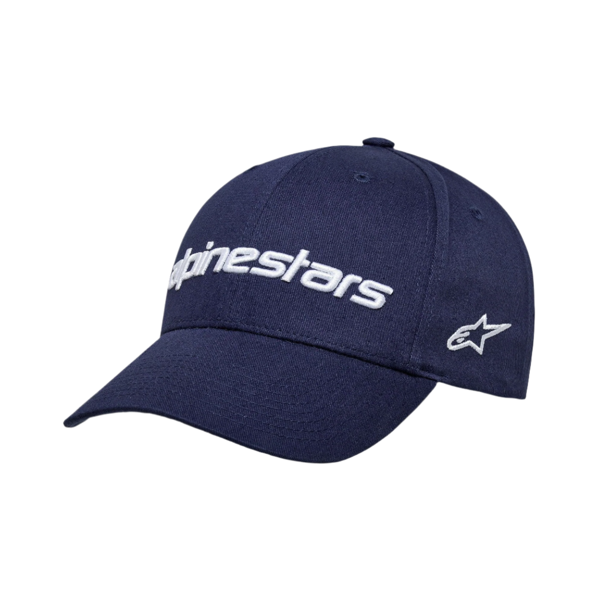 Alpinestars Linear Wordmark 2.0 pet, donkerblauwe baseballcap met wit 3D geborduurd logo, gebogen klep, gestructureerde kroon, wit sterlogo aan de zijkant, katoen twill