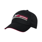 Alpinestars Par pet, zwarte snapback pet, gebogen klep met rood sandwich-detail, 3D-borduurwerk aan de zijkant met Alpinestars-logo en Racing Ahead-tekst, gestructureerde casual sportkleding