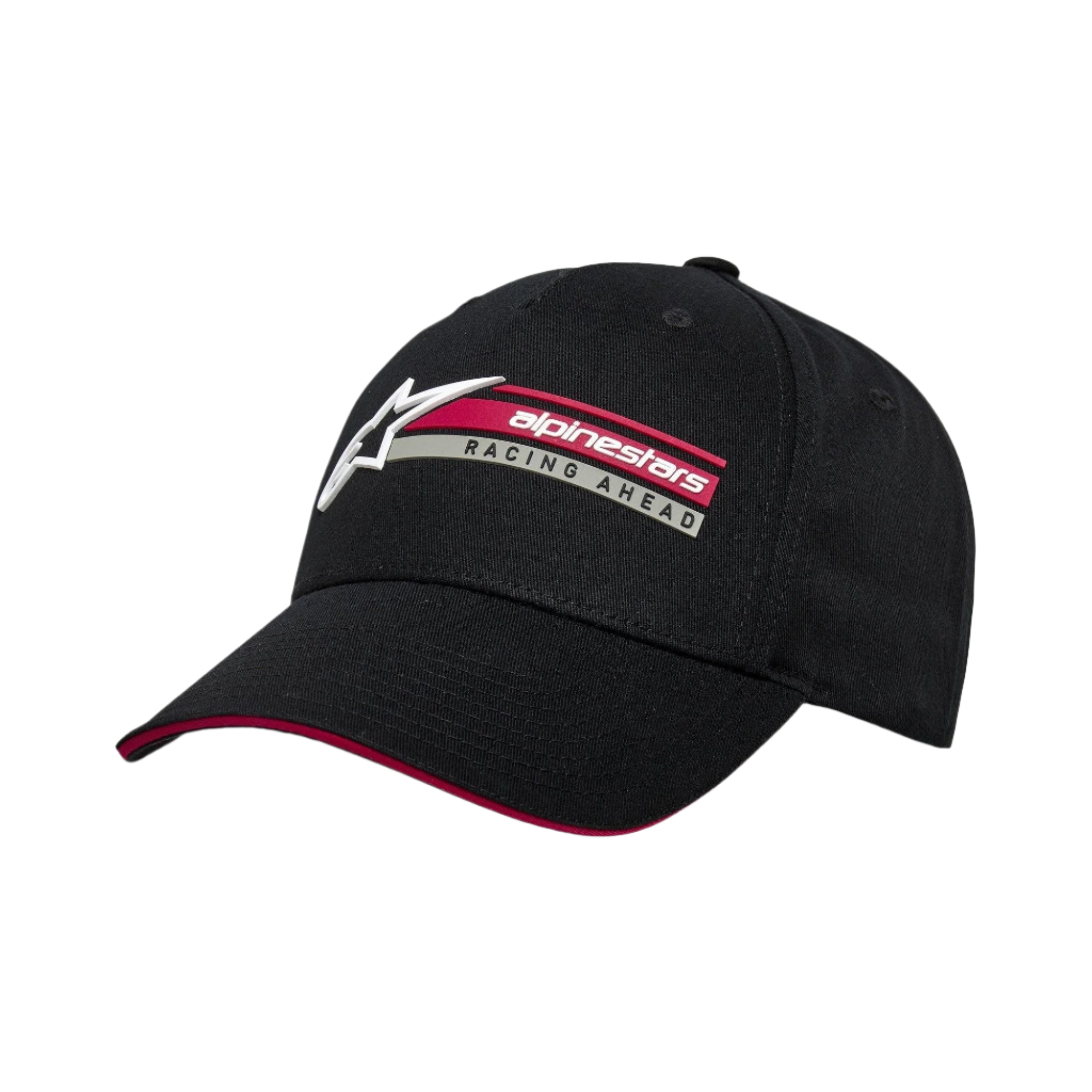 Alpinestars Par pet, zwarte snapback pet, gebogen klep met rood sandwich-detail, 3D-borduurwerk aan de zijkant met Alpinestars-logo en Racing Ahead-tekst, gestructureerde casual sportkleding